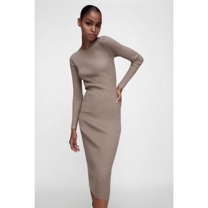 Zara Ribbed Midi Dress Womens Small Taupe Knit Long Sleeve Viscose Bodycon